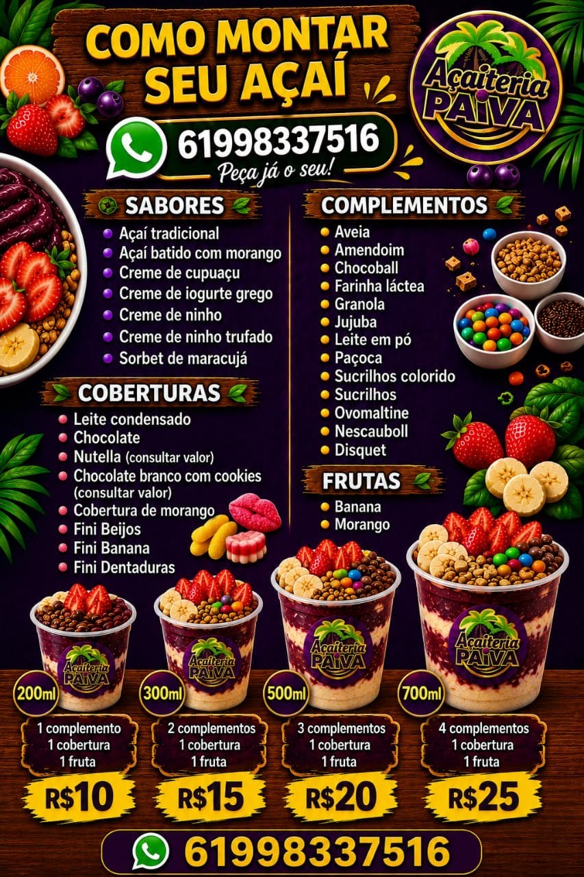 Cardápio completo da Açaiteria Paiva com sabores, coberturas, complementos, frutas, tamanhos e preços