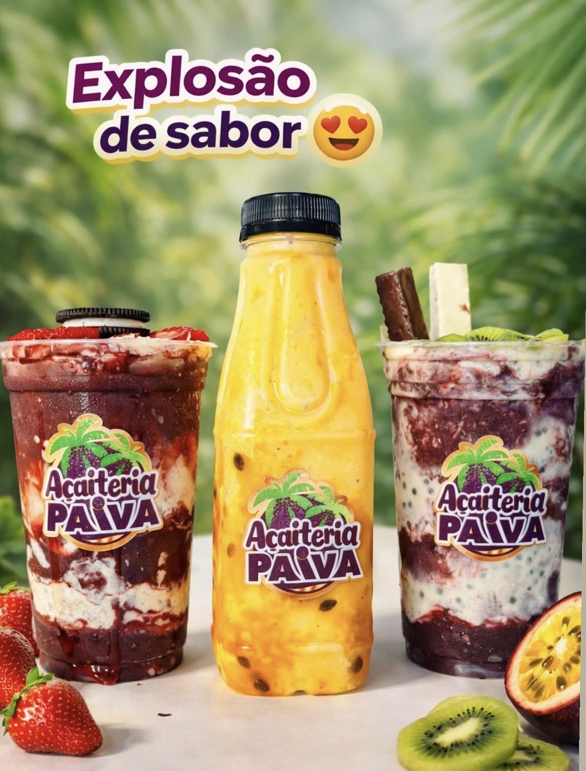 Produtos da Açaiteria Paiva com frutas